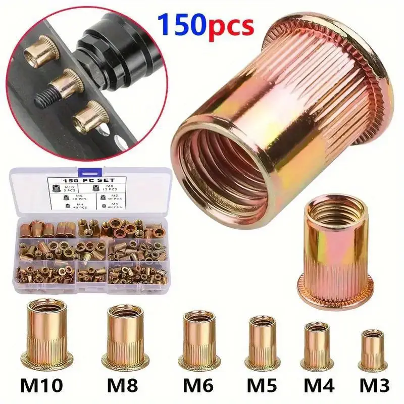 RivetMaster™ - Set 150 Buc. Piulite Nituibile Filetate, Cap Plat M3 M4 M5 M6 M8