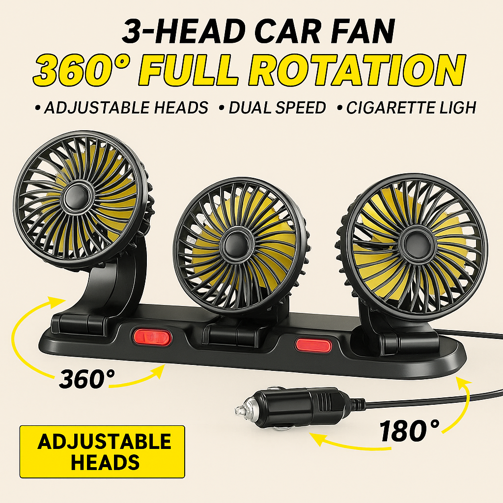 CarCooler Pro™ - Ventilator Auto cu 3 Capete Rotative si Placuta de Parcare