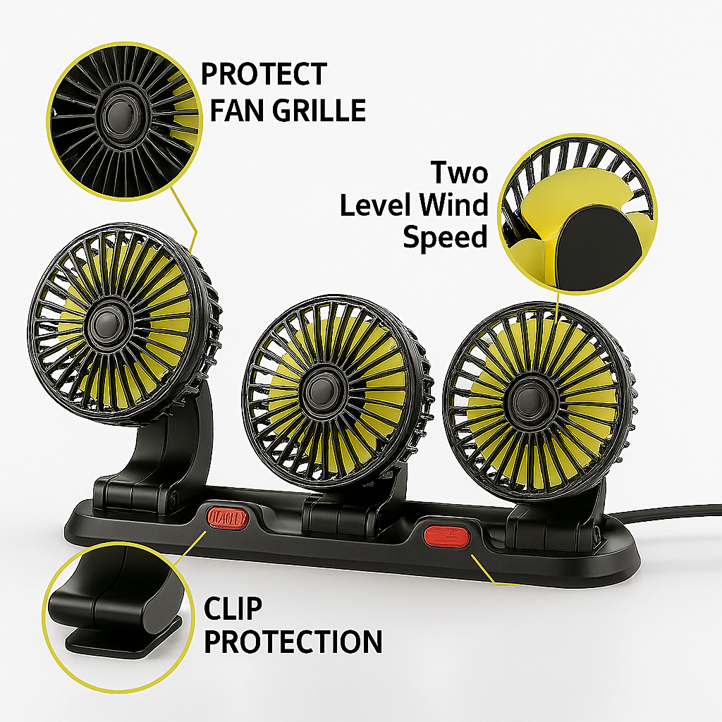 CarCooler Pro™ - Ventilator Auto cu 3 Capete Rotative si Placuta de Parcare
