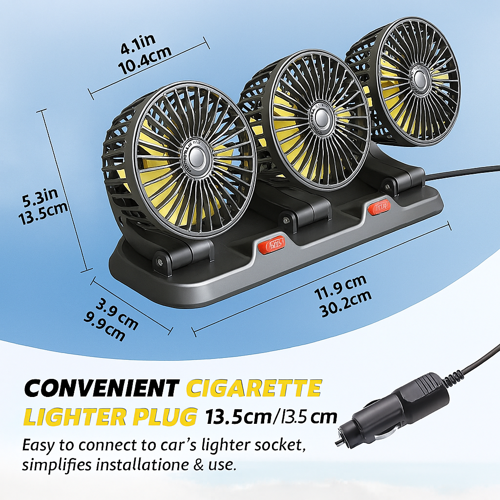 CarCooler Pro™ - Ventilator Auto cu 3 Capete Rotative si Placuta de Parcare