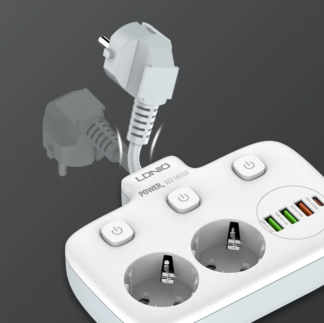 Priza multipla cu 2 prize AC, 3x USB, USB-C