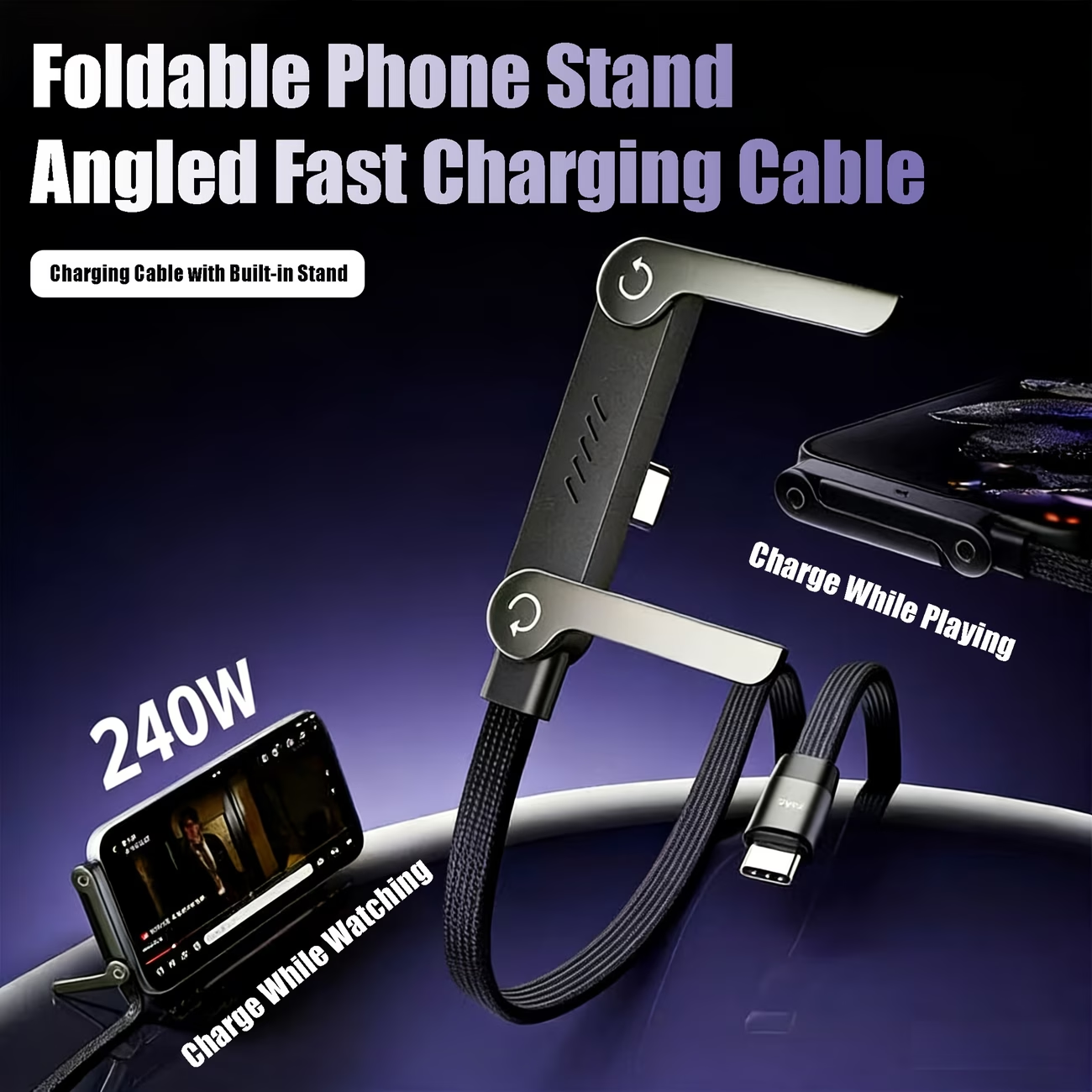 🔥OFERTA 1+1!🔥PowerStand™ – Cablu Fast Charge 240W cu Suport pentru Telefon (1.5m)