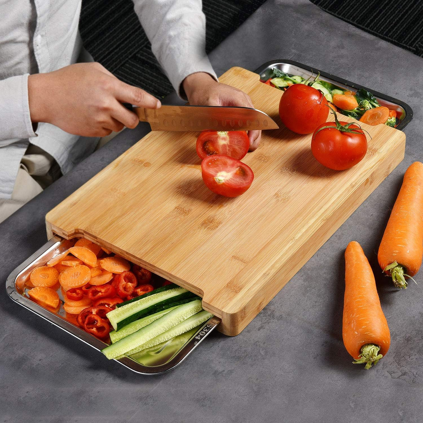 PrepBoard Duo™ – Tocator din bambus cu tavite laterale pentru colectare
