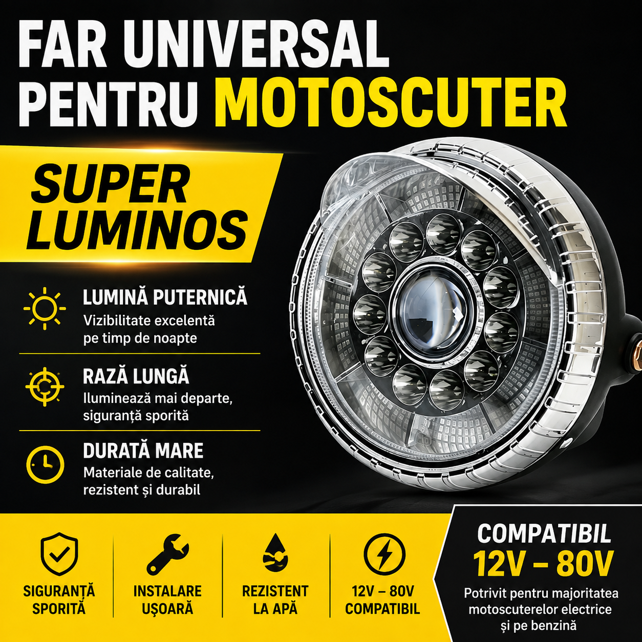 TRILUXA™ – Far LED Universal cu Lumina Puternica