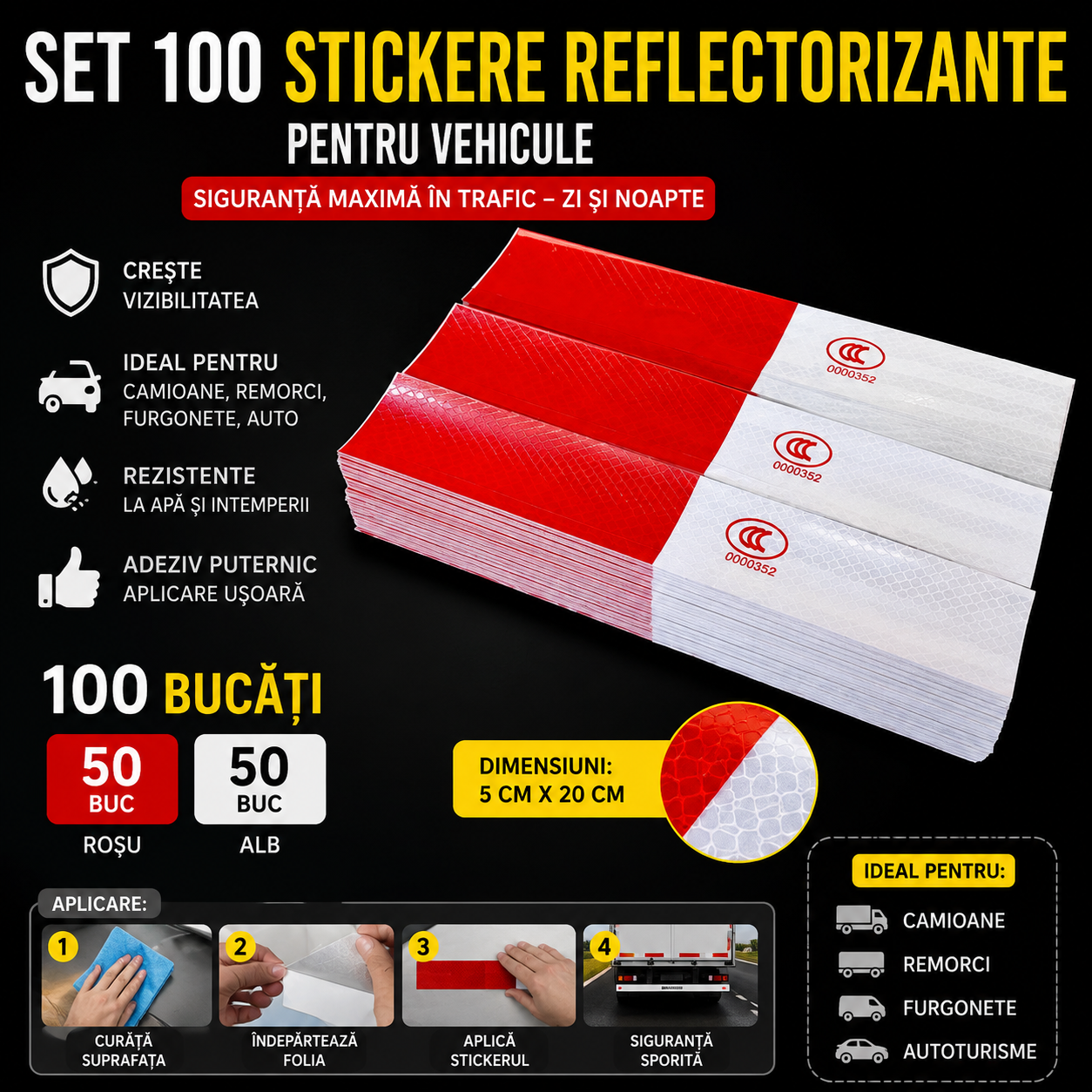 Reflectix™  Set 100 Stickere Reflectorizante pentru Camioane