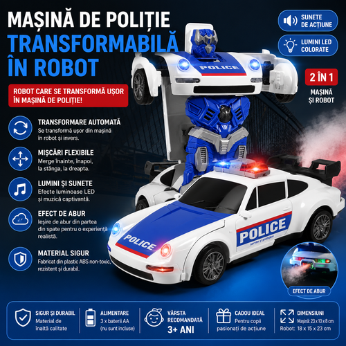 PoliceBot™ – Masina de Politie Transformabila cu Lumini, Sunete si Efect de Fum