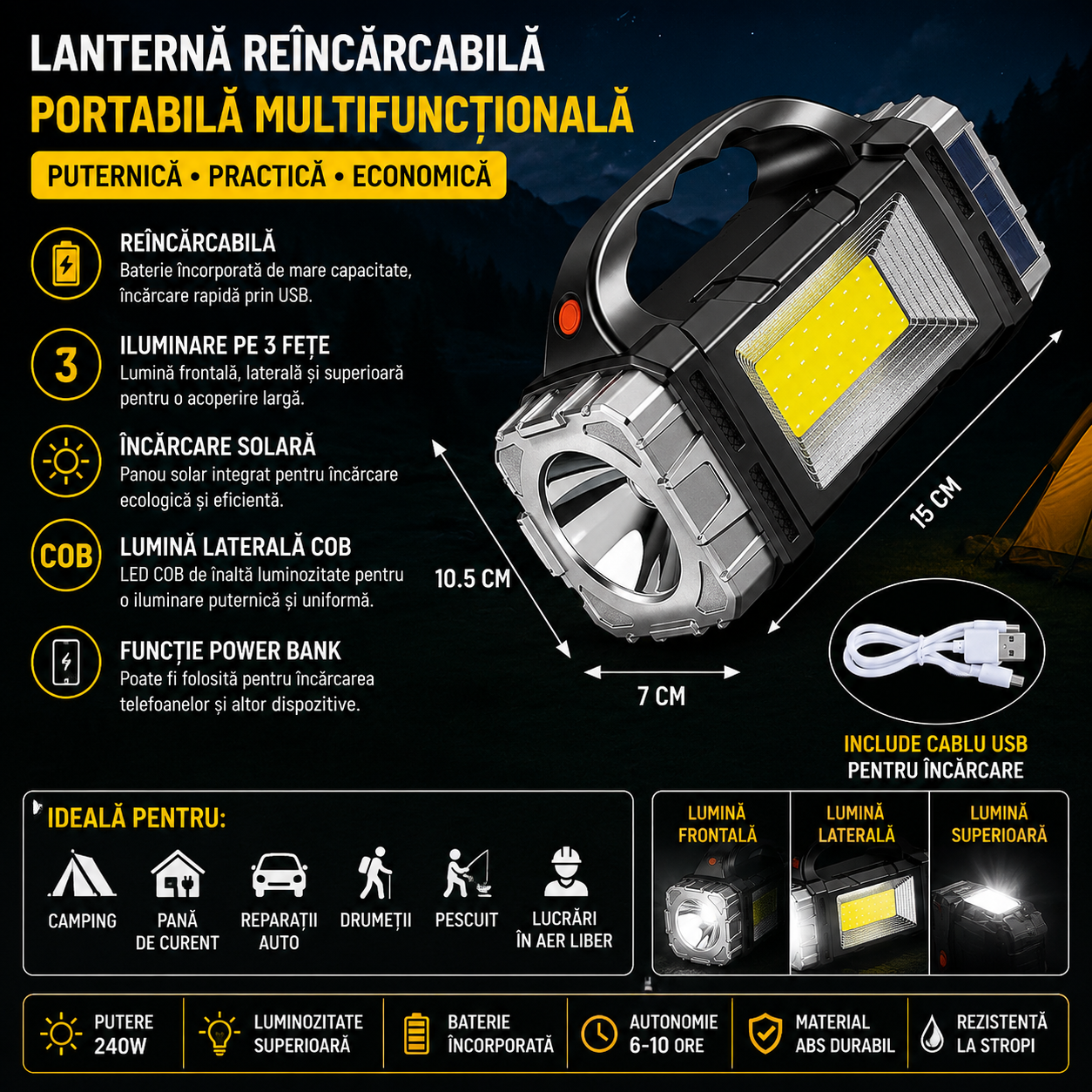 ProFlash™ – Lanterna Multifunctionala cu Incarcare Solara si COB LED