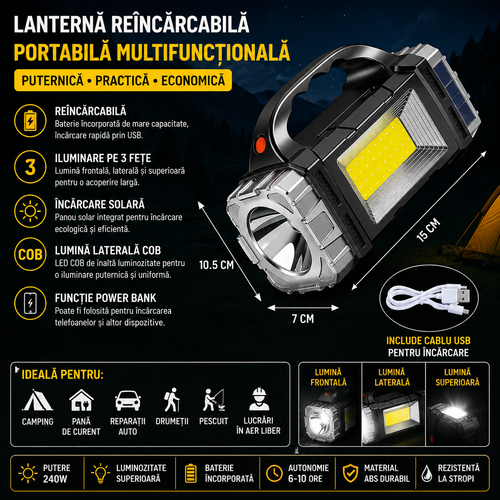 ProFlash™ – Lanterna Multifunctionala cu Incarcare Solara si COB LED