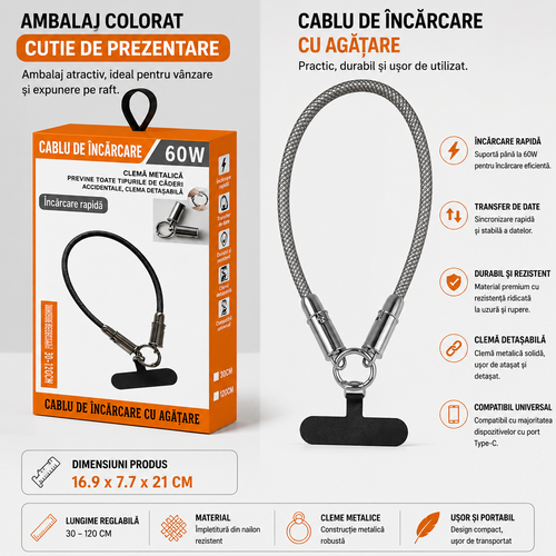 🔥 OFERTA 1+1🔥ChargeLoop™ – Cablu de Incarcare 60W cu Prindere Anti-Cadere