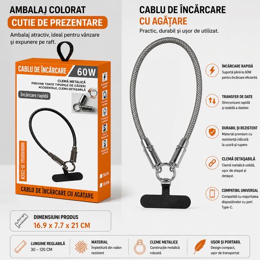🔥 OFERTA 1+1🔥ChargeLoop™ – Cablu de Incarcare 60W cu Prindere Anti-Cadere