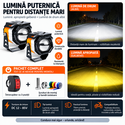 NOCTERA™ – Proiector Auxiliar Moto cu Lumina Alba & Galbena, 12–85V