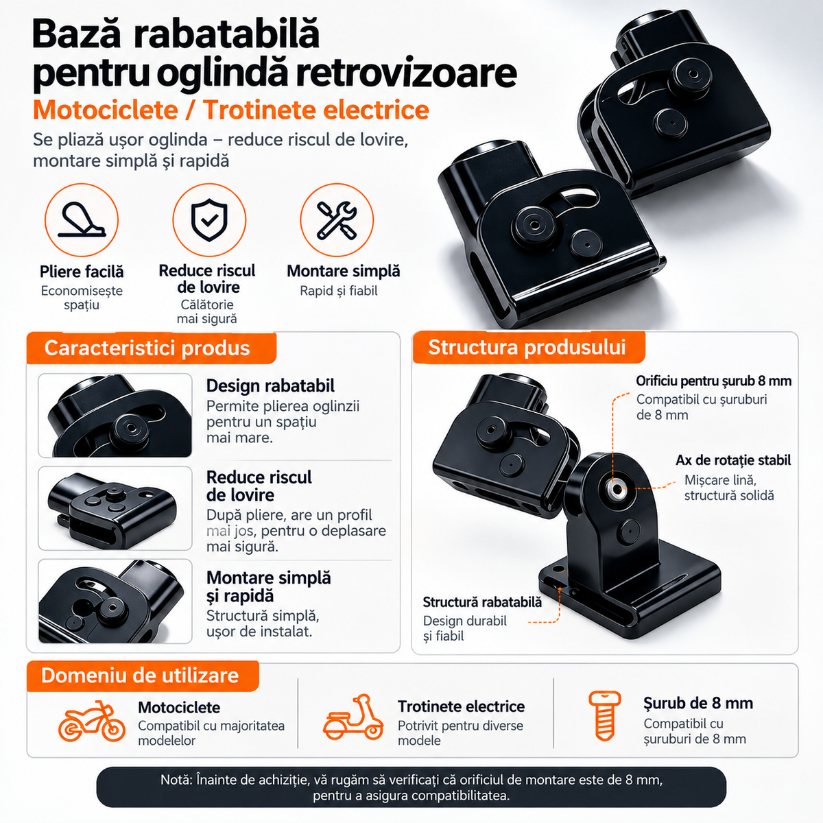 MIRFLEX™ – Baza Rabatabila pentru Oglinda Retrovizoare Moto & Trotineta