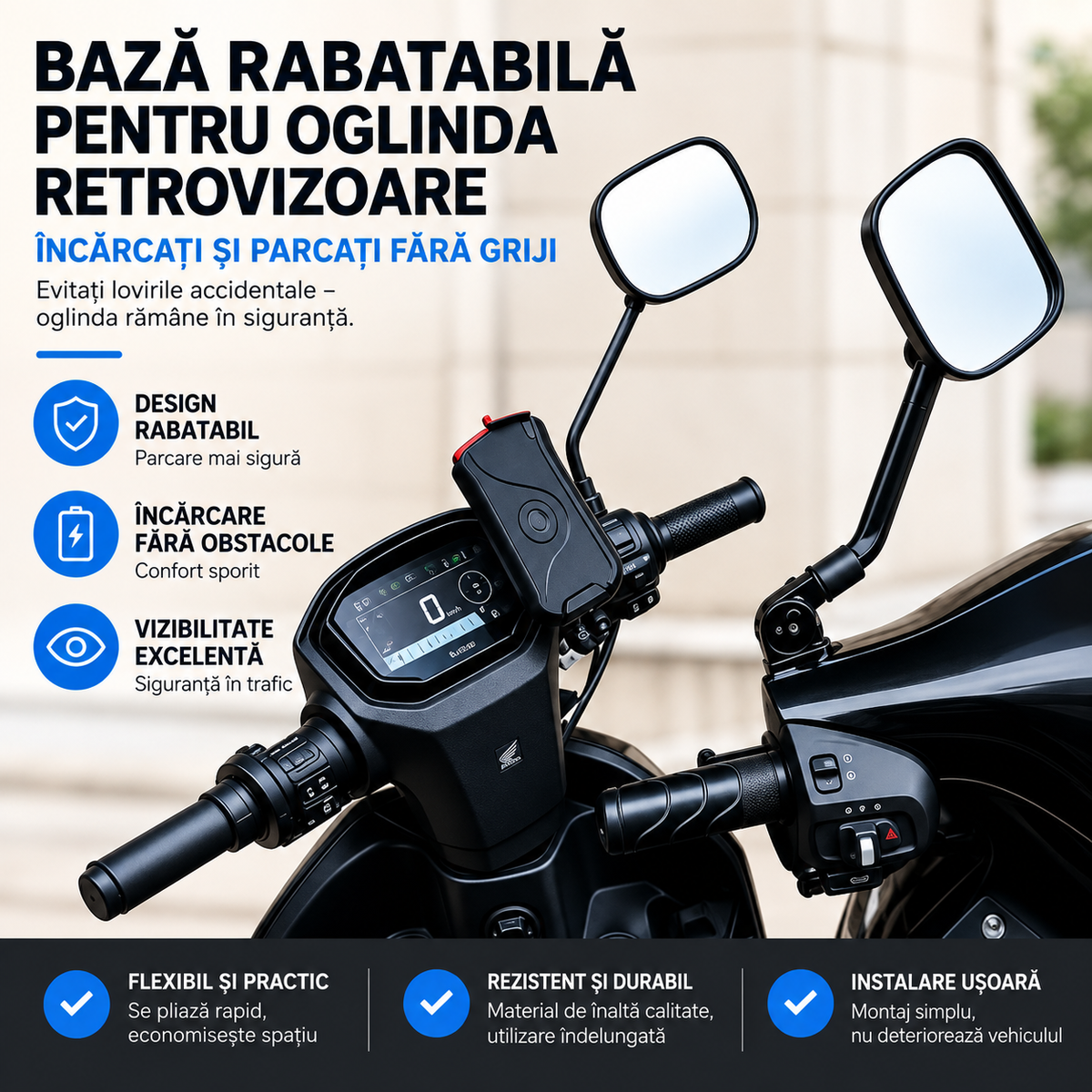 MIRFLEX™ – Baza Rabatabila pentru Oglinda Retrovizoare Moto & Trotineta