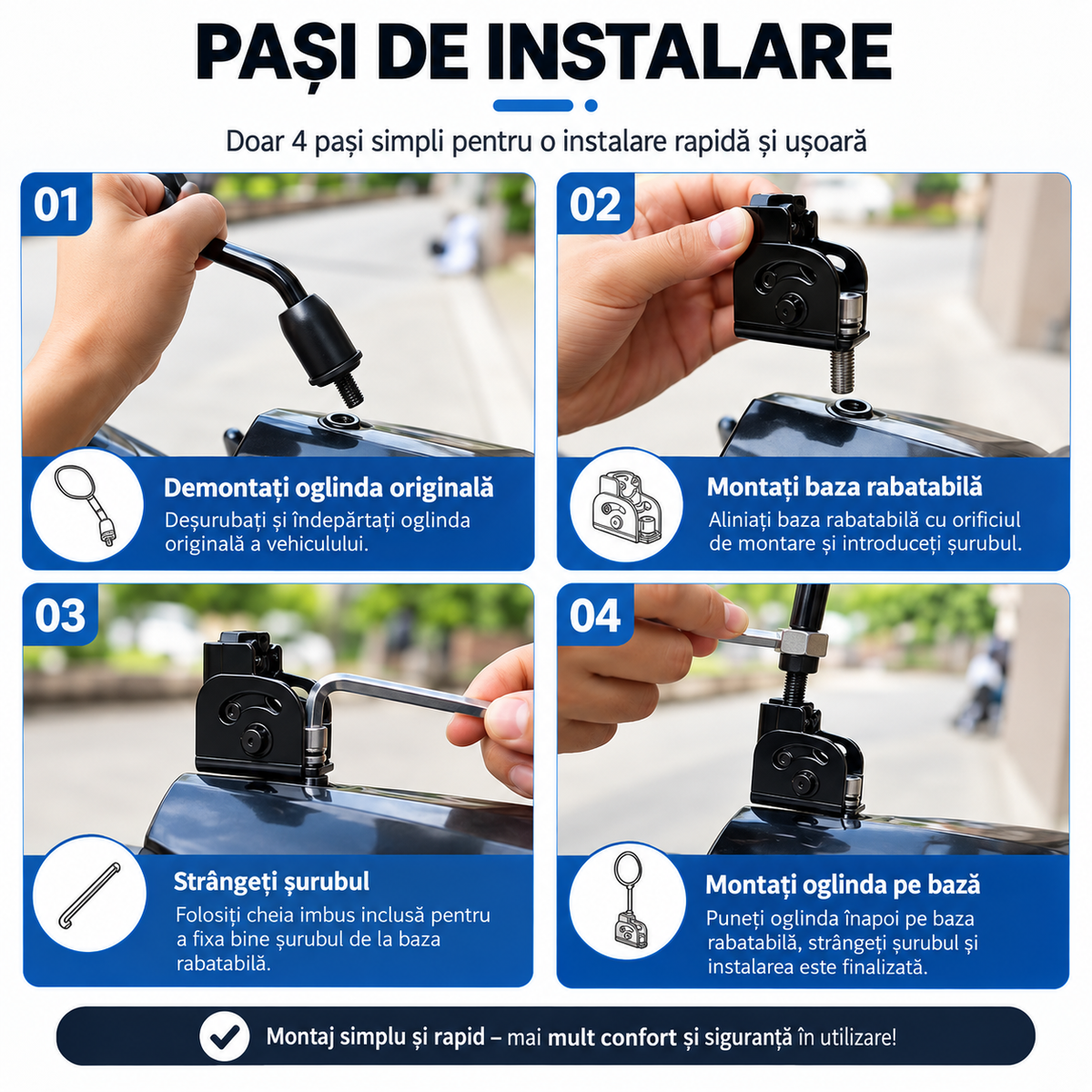 MIRFLEX™ – Baza Rabatabila pentru Oglinda Retrovizoare Moto & Trotineta