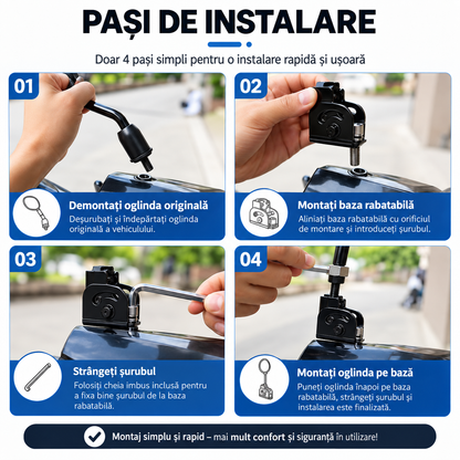 MIRFLEX™ – Baza Rabatabila pentru Oglinda Retrovizoare Moto & Trotineta