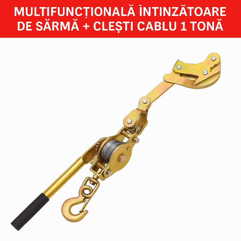 TensionMax™ – Troliu Manual Profesional cu Cablu din Otel si Carlige Dublu Securizate