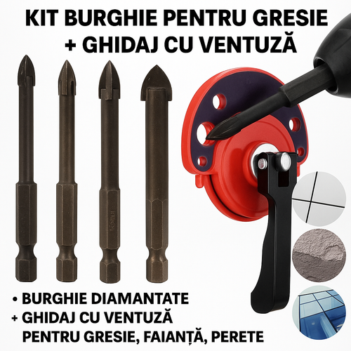 Kit Burghie Pentru Gresie cu Ghidaj cu Ventuza – Gaurire Curata, Fara Alunecare