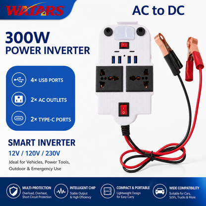 Powerix™ – Invertor Auto Inteligent 300W cu 4 USB si 2 Porturi PD