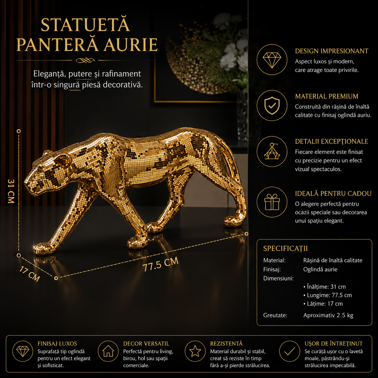 PANTHERA LUX™ – Statueta Decorativa Pantera cu Efect Oglinda