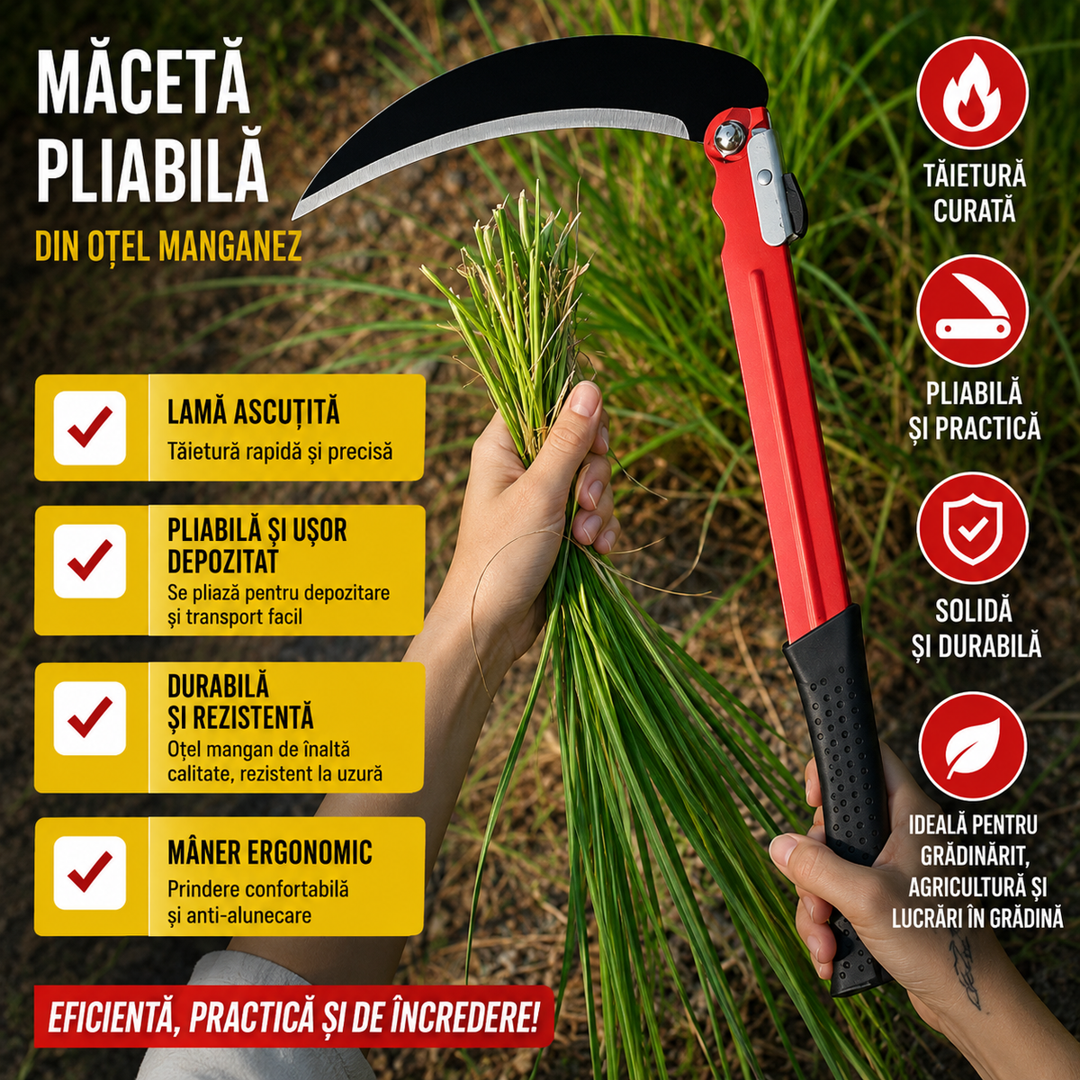 AgroBlade™ - Secera Pliabila din Otel Mangan pentru Taiere Precisa