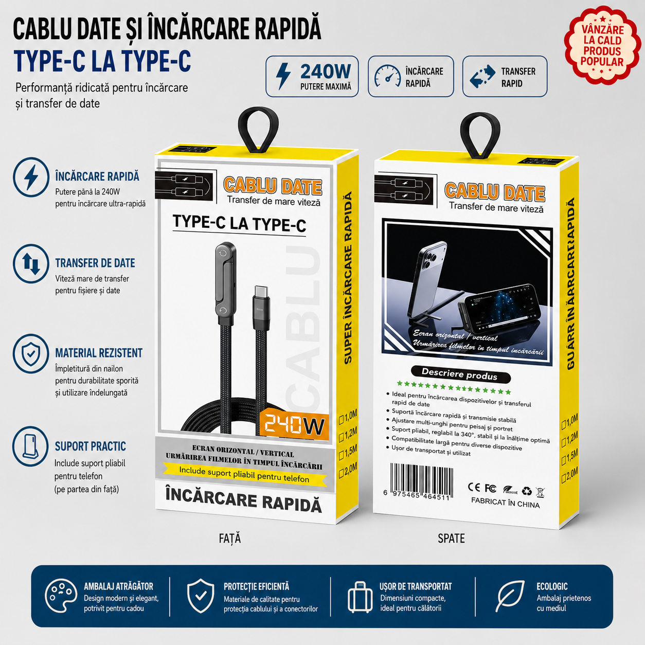 🔥OFERTA 1+1!🔥PowerStand™ – Cablu Fast Charge 240W cu Suport pentru Telefon (1.5m)