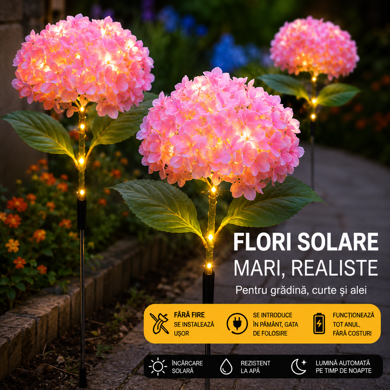SolarBoom™ - Floare Decorativa cu Iluminare Solara (Model Hortensie cu LED)