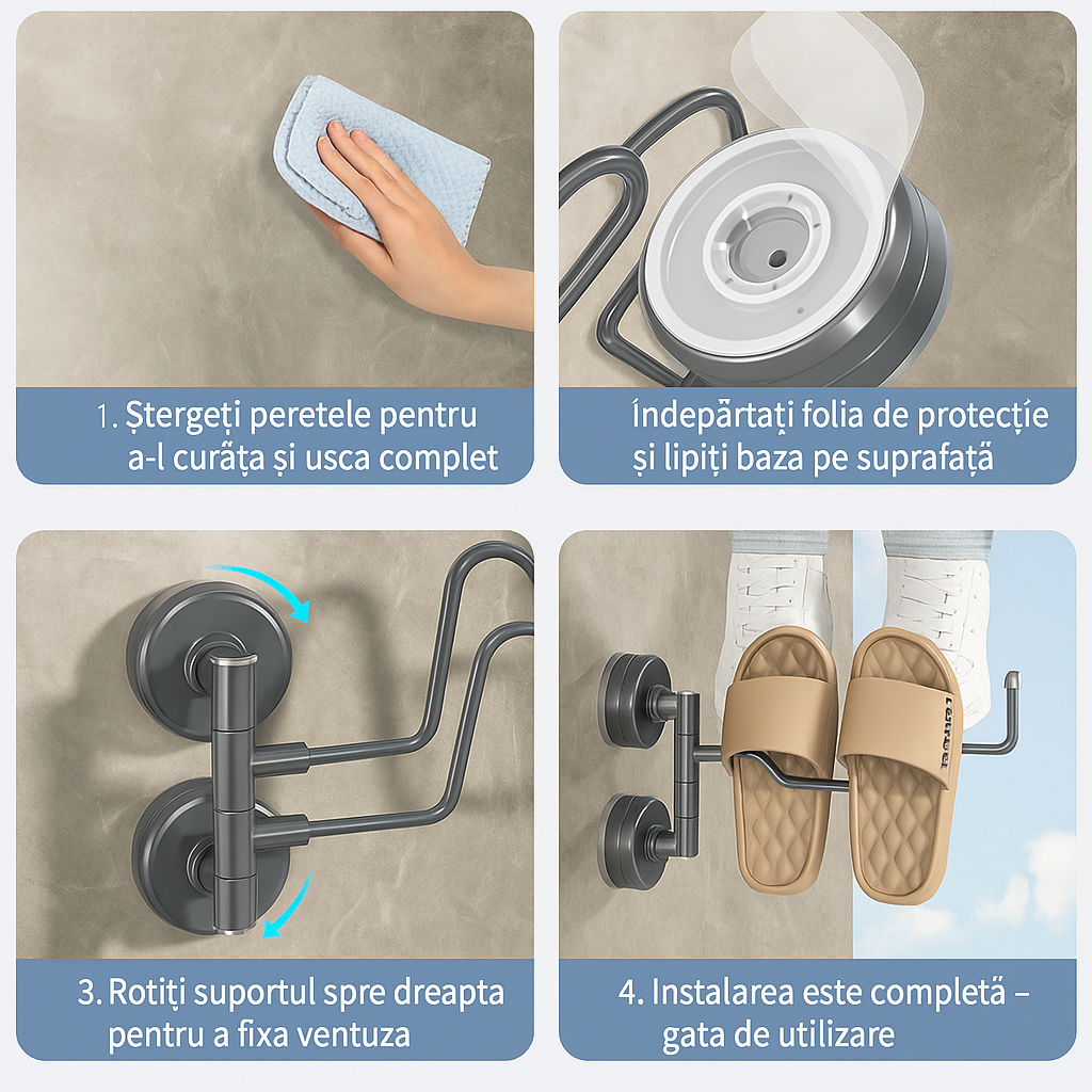 🔥OFERTA 1+1🔥ShoeSpin™ - Suport rotativ pentru papuci – 90°/180° – fixare cu ventuza