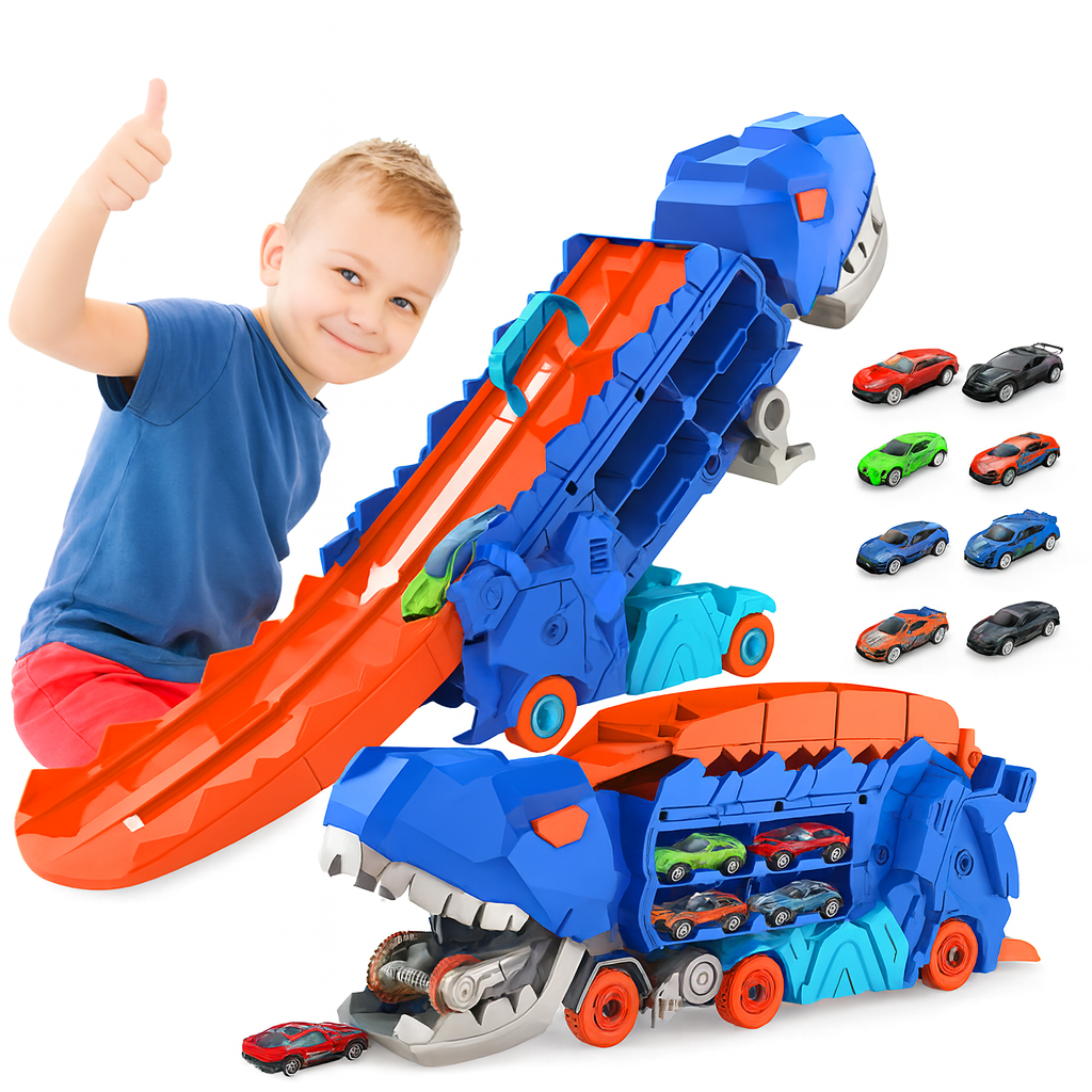 DinoRacer™ – Camion Dinozaur Transformabil cu Rampa de Lansare si 4 Masinute Incluse
