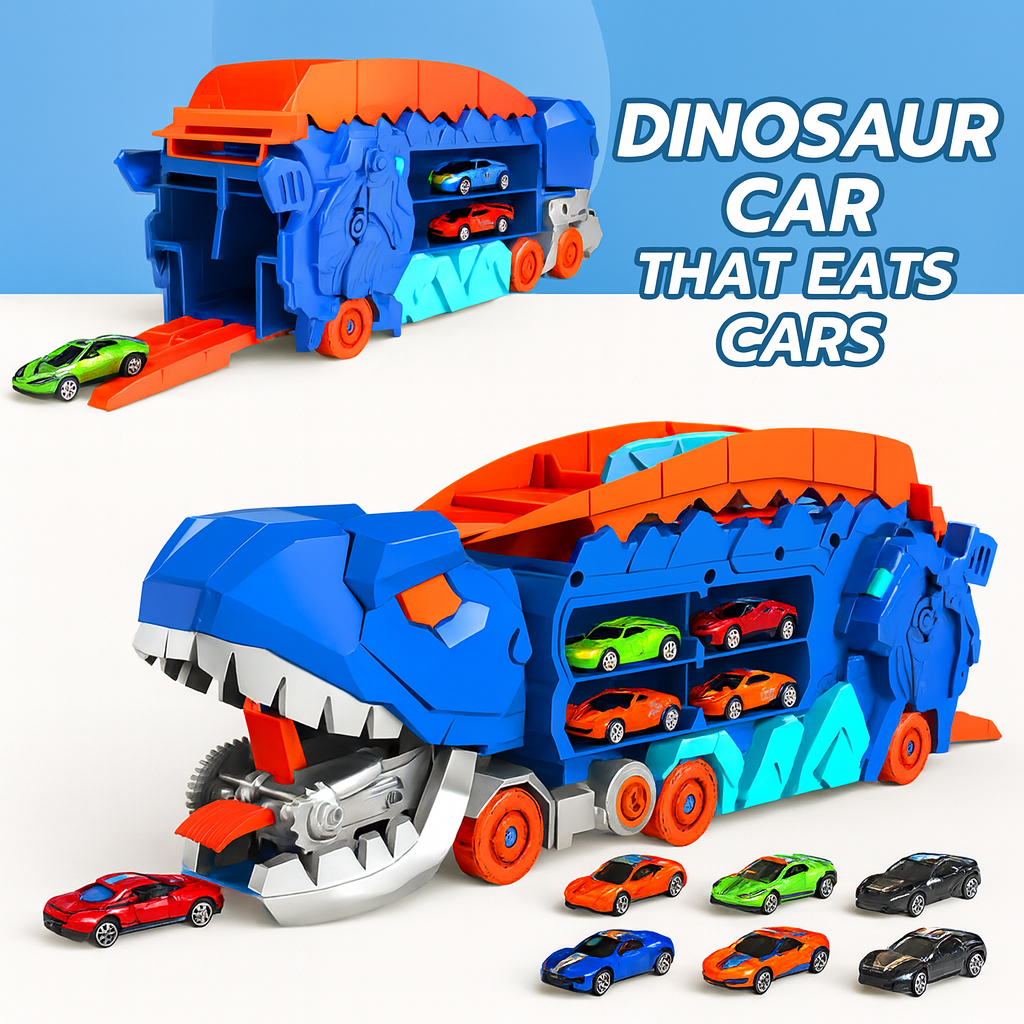 DinoRacer™ – Camion Dinozaur Transformabil cu Rampa de Lansare si 4 Masinute Incluse