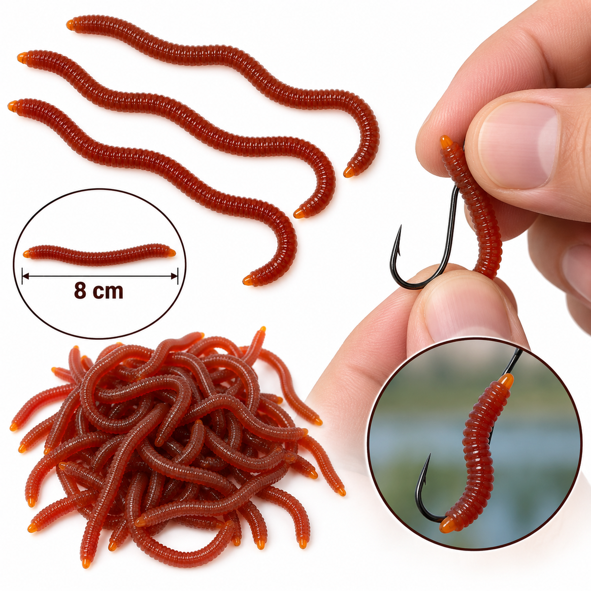 Set 100 Momeli Artificiale Tip Rama pentru Pescuit, 8 cm, Maro-Rosiatic