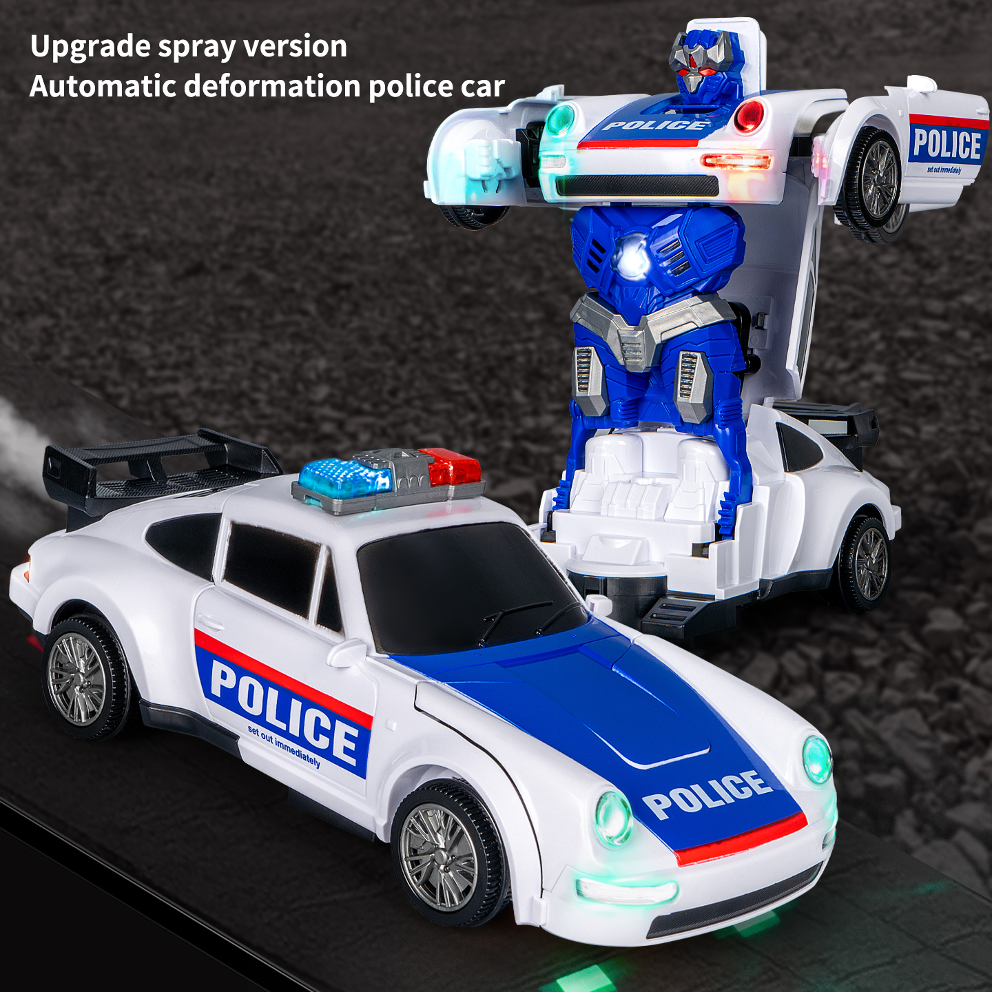 PoliceBot™ – Masina de Politie Transformabila cu Lumini, Sunete si Efect de Fum