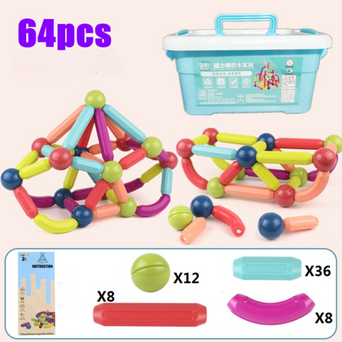 MagStix™ – Set de Blocuri Magnetice de Constructie pentru Copii (64 piese)