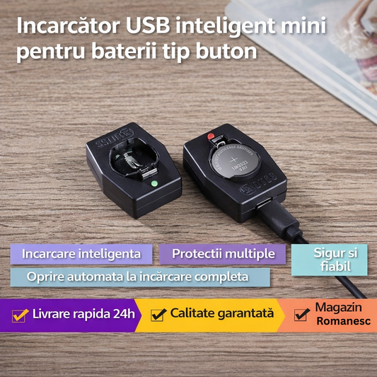 CoinCharge™ – Incarcator USB Inteligent pentru Baterii Tip Buton LIR